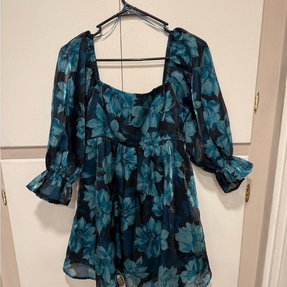 💙 EUC Thirty/Thirty LA Blue Floral Print Empire Waist Babydoll Dress, Med - Picture 5 of 5